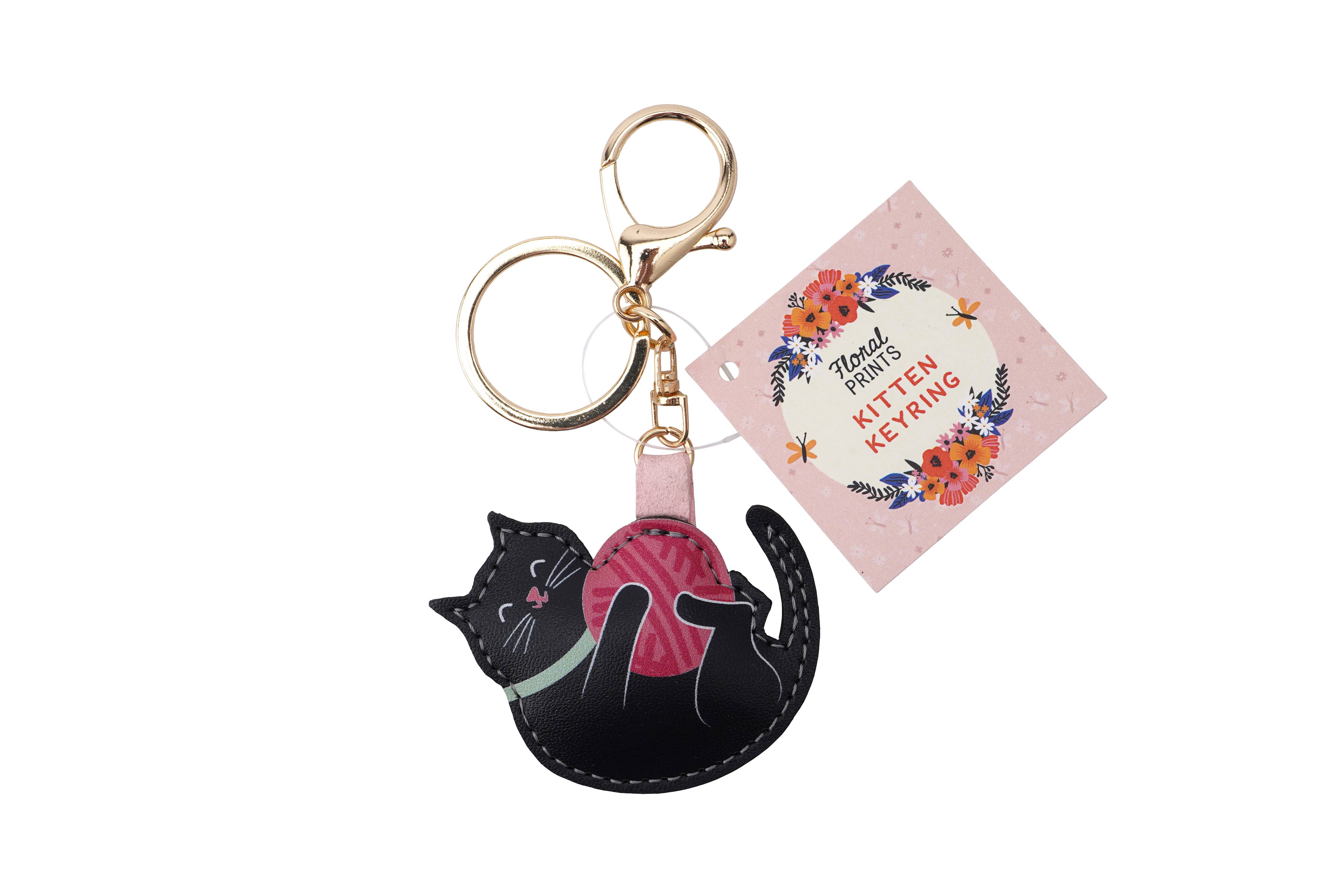 Floral Prints Cat Kitten PU Keyring