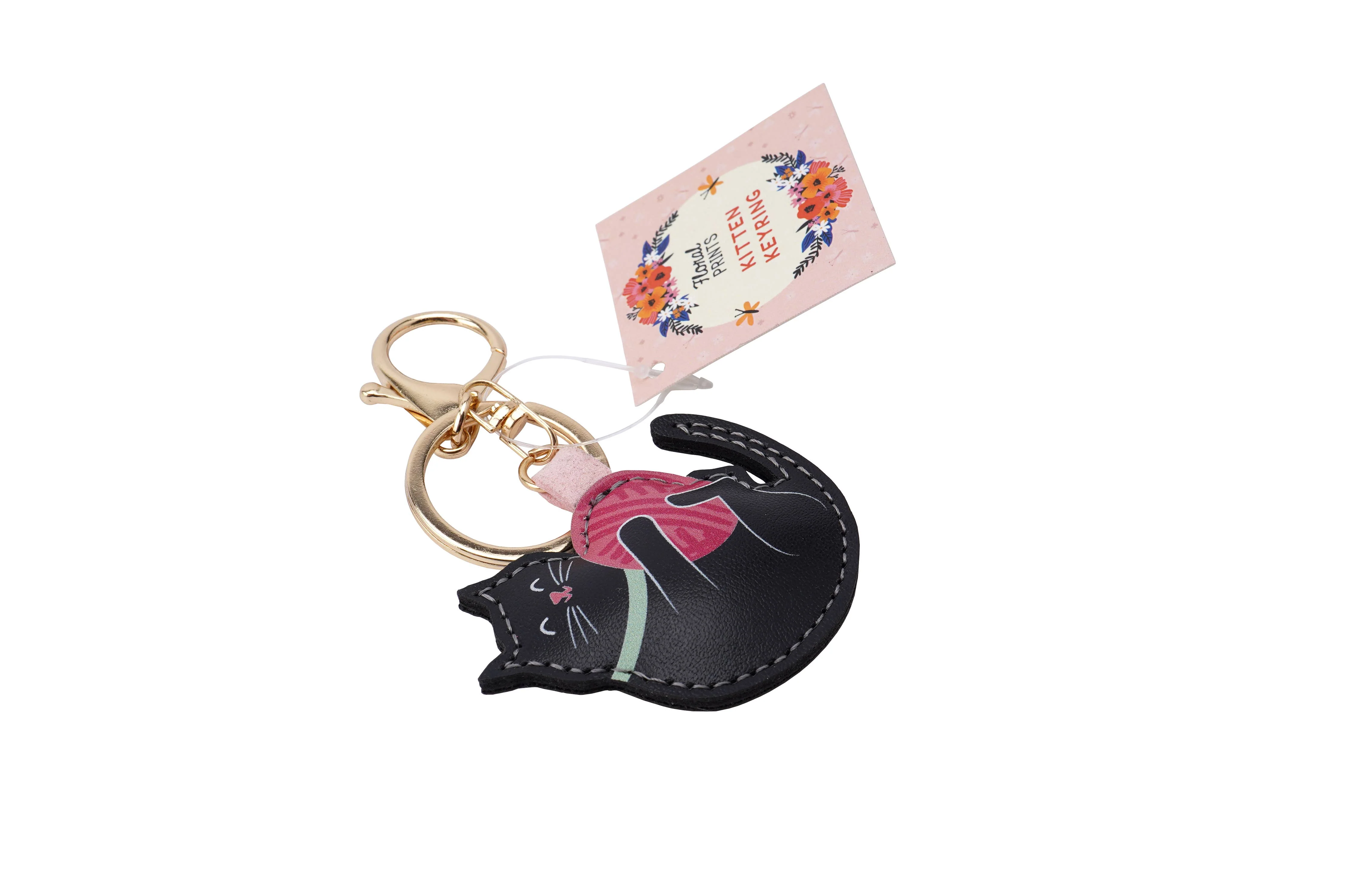 Floral Prints Cat Kitten PU Keyring - Image 2